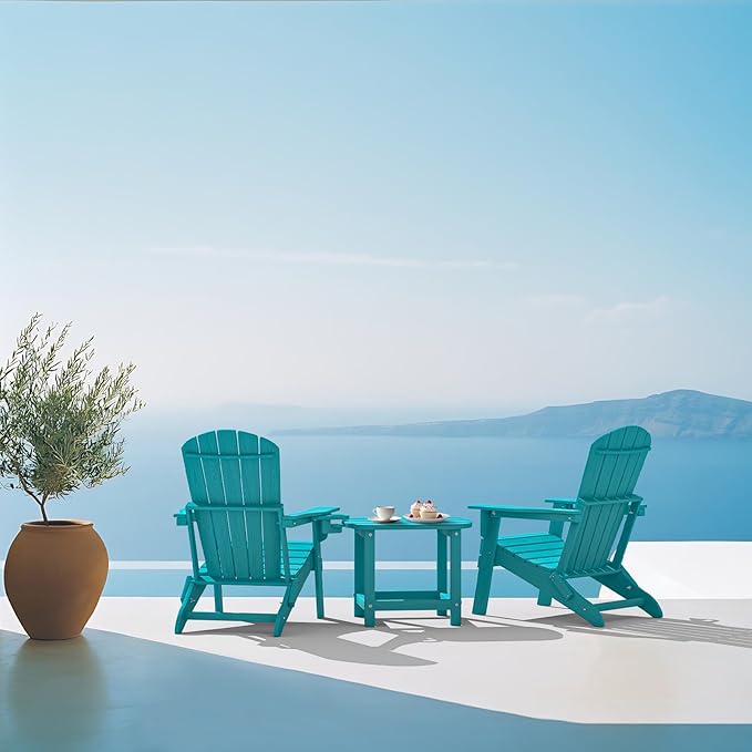 Plawdlik Folding Adirondack Chair, SGS Tested, Wooden Textured with Cup Holder, Heavy All-Weather HDPE Comfortable Set Poolside Backyard Lawn Aruba Blue