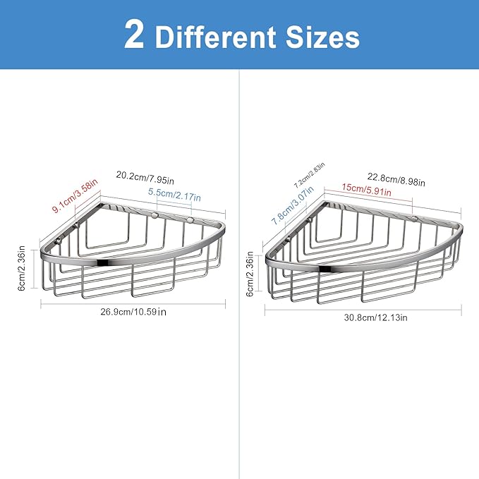 Corner Shower Caddy Organizer, SUS304 Stainless Steel Heavy Duty Rust-Proof Shelf Shampoo Holder, Wall Mounted Storage Rack for Bathroom Kitchen, 2 Packs Polished Chrome