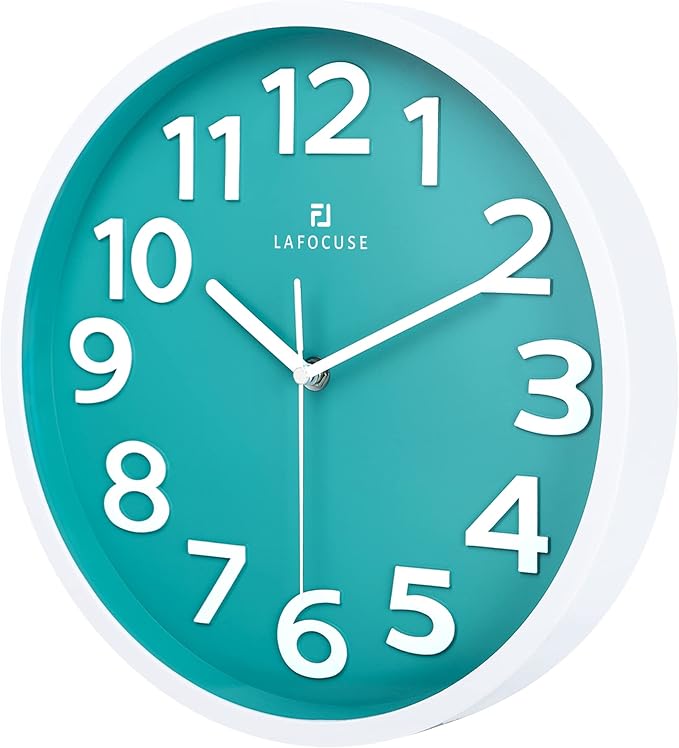 Lafocuse 12 Inch Silent 3D Numbers Teal Wall Clock for Living Room Decor, Battery Operated Teal Clocks for Girls Room Bedroom Office Kitchen