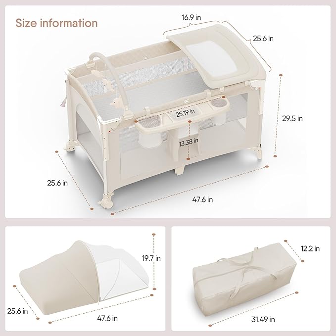 4 in 1 Baby Bassinet, Pack and Play, Bedside Crib Sleeper, Diaper Changer - Comes with Mattress, Mosquito Net，Bottom Storage and Toy Bar for Newborn to Toddles