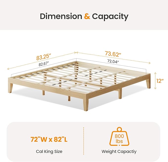 Cal King Size Wood Platform Bed Frame, 12 Inch Solid Wood Bed Frame with Wooden Slats, No Box Spring Needed, Easy Assembly, Rustic Pine