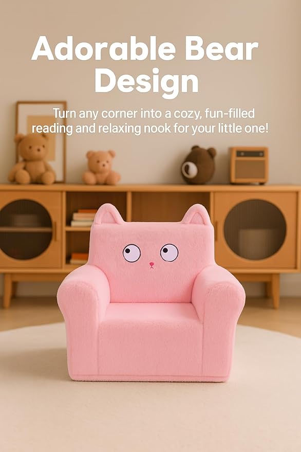 Cute Animal Toddler Foam Chair, Soft Faux Rabbit Fur, Removable Washable Cover, Kids Reading, Watching TV, or Relaxing, for Playroom, Bedroom, Living Room, 1-3 Years Old, Pink Cat
