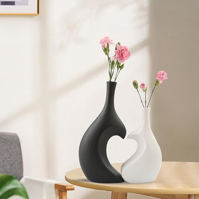 Black Ceramic Vase Set of 2, Heart Shaped vase, Matte Frosted Texture Finish,Farmhouse Decor, Home Decor, Decorative Vase, Vases for Your Bedroom, Office, Living Room, Bathroom (Black)