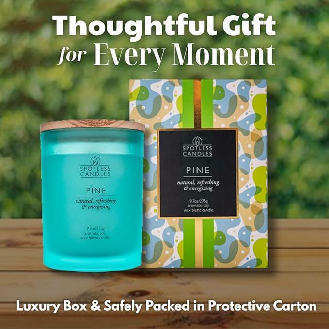 Pine Candle - 9.7 oz /275g 45-55 Hours Burn Time in Green Frosted Glass Jar with Wooden Lid and Wooden Crackling Wick in Luxurious Gift Box - Natural, Refreshing and Energising