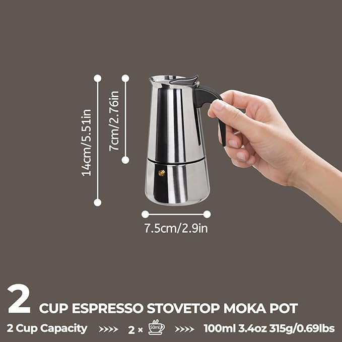 2 Cup 100ml Moka Pot Stainless Steel Espresso Coffee Maker Stovetop Percolator Coffeemaker Italian Classic Style Brewing Greca Cafe Mocha Machine for Cafeteras Lover Camping Travel and Home Use 3.3oz