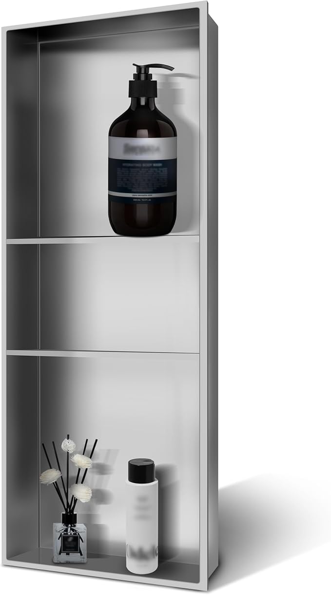 12" X 30" Shower Niche Insert Tile Ready, Niche for Shower Wall, 3-Tier Stainless Steel Recessed Shelves No Tile Needed for Bathroom Storage, Brushed Nickel