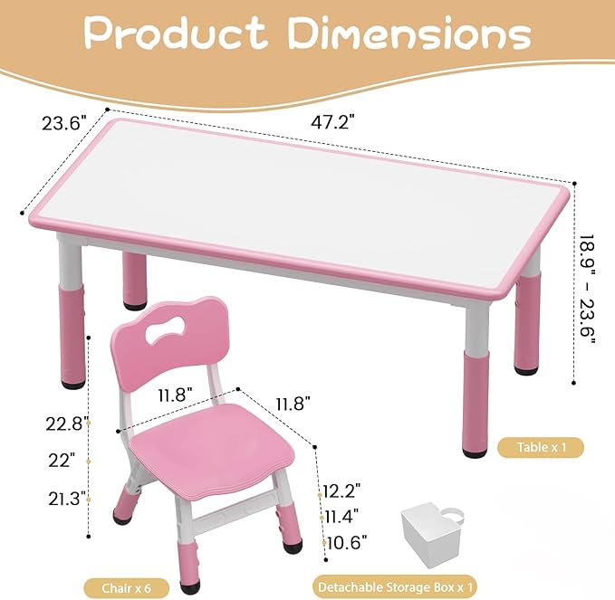 GarveeHome Kids Table and 6 Chairs Set, Height Adjustable Toddler Table and Chair Set, Graffiti Desktop, Children Study Play Dinner Table for Home Daycare Preschool for Ages 2-8, Pink