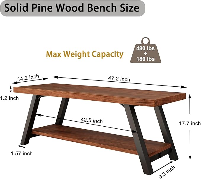 IBF Natural Real Wood Entryway Bench, Solid Wood Storage Bench, Industrial Bedroom Bench in Entry Way Hallway Foyer Rack, Modern Shoe Bench Seat for Living Bed Room Indoor, Rustic Brown, 47 Inch