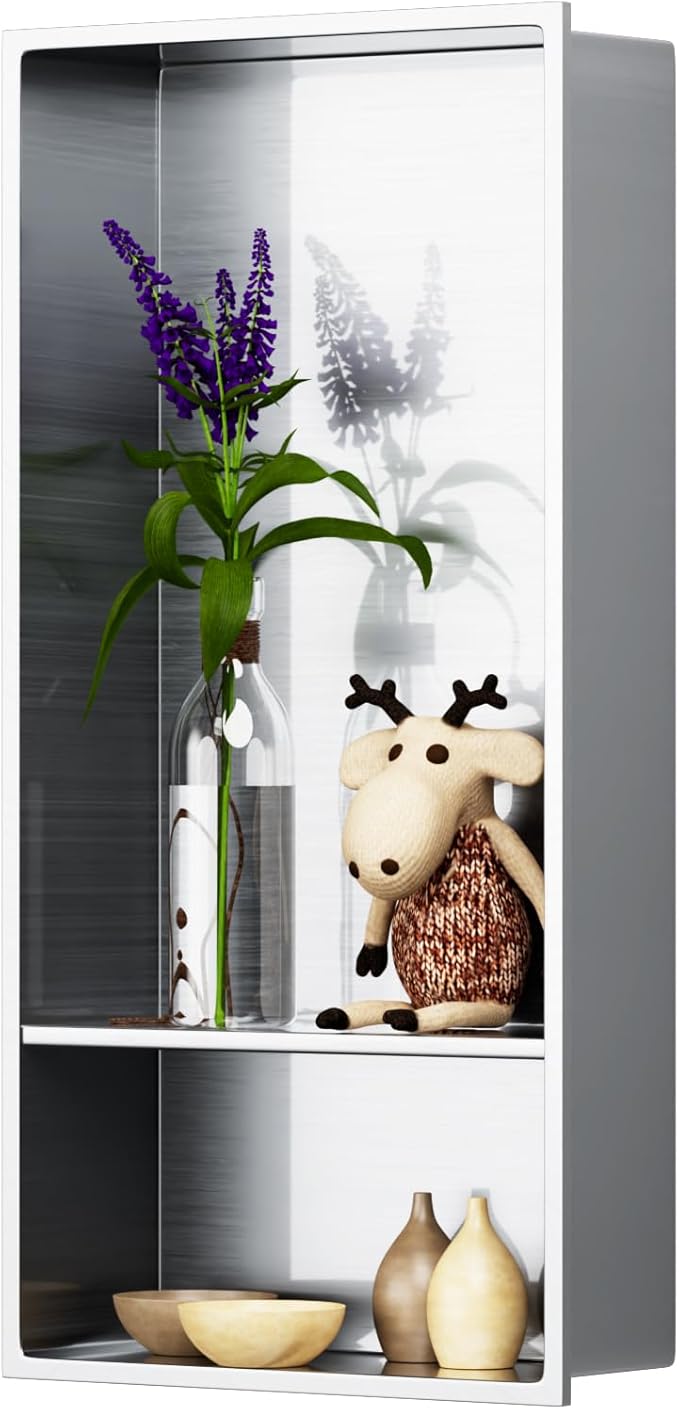 12" X 25" Stainless Steel Shower Niche Insert Tile Ready, Niche for Shower Wall, 2-Tier Recessed Shelves No Tile Needed for Bathroom Storage, Brushed Nickel