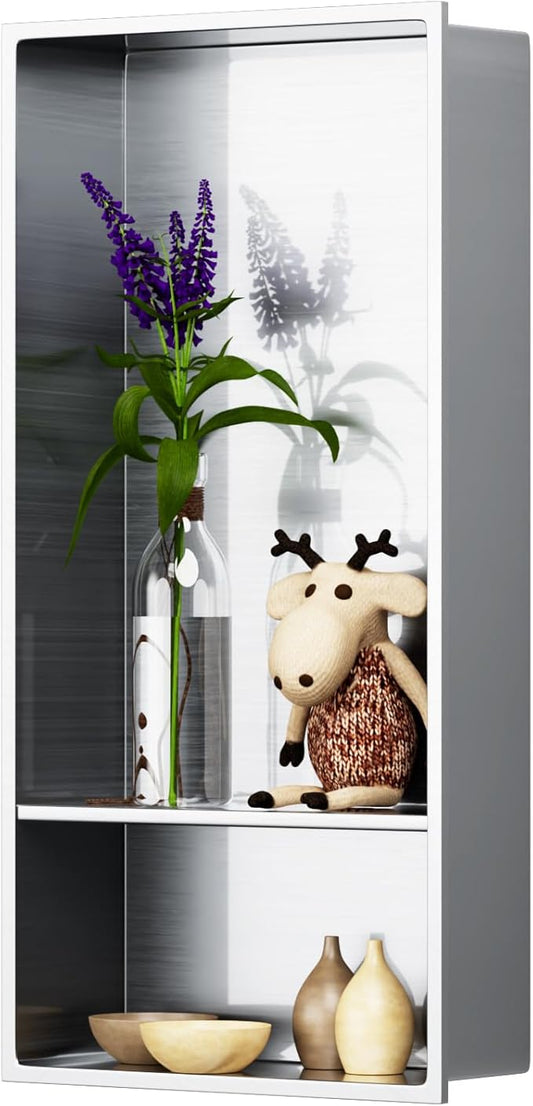 12" X 25" Stainless Steel Shower Niche Insert Tile Ready, Niche for Shower Wall, 2-Tier Recessed Shelves No Tile Needed for Bathroom Storage, Brushed Nickel