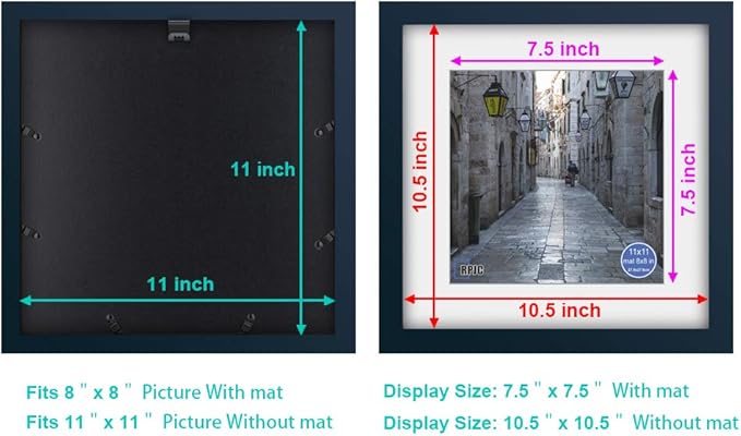 RPJC 11x11 inch Picture Frame Made of Solid Wood and High Definition Glass Display Pictures 8x8 with Mat or 11x11 Without Mat for Wall Mounting Photo Frame Jazz Blue