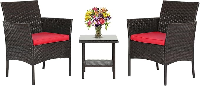 FDW 3 Piece Bistro Conversation Set Patio Brown Wicker Chairs Furniture Outdoor Furniture Set 2 Rattan Chairs with Red Cushions and Glass Coffee Table for Porch Lawn Garden Balcony Backyard