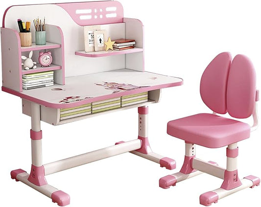 Small Desk, Standing Desk, Desk Chair Set, Height Adjustable Children School Study Table Chair Set with Astronaut Pattern, Ergonomic Desk Chair with Large Writing Board, Bookshelf and Drawer (Pink)