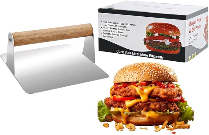 Smash Burger Press,Wood Handle -Anti Scald Non Stick Smooth, Stainless Steel Non Stick Grill Press,Ideal for Flat Top Griddle,Cookouts,Cooking,BBQ - Rectangle Kitchen Tool（5.51X2.95 Inch）