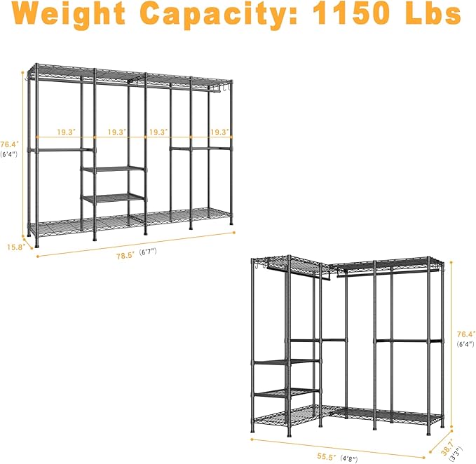 H41 Garment Rack Heavy Duty Clothes Rack, Clothing Racks for Hanging Clothes, Extra Large Freestanding Portable Closet Wardrobe Rack 78.5'' W × 15.8'' D × 76.4'' H, Max Load 1150 Lbs, Black