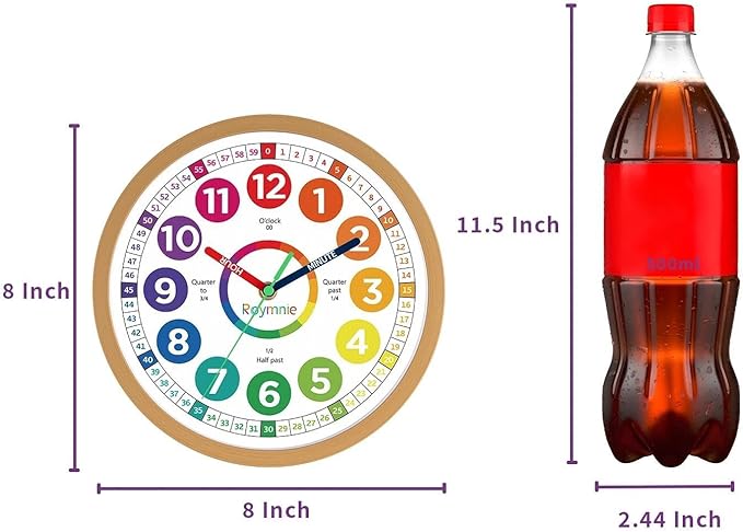 Wall Clock for Kids Learning to Tell Time Analog Non Ticking Battery Operated Kids Small Teaching Clock Silent Colorful Teaching Time Clock for Kids Room Classroom School（8 Inch）