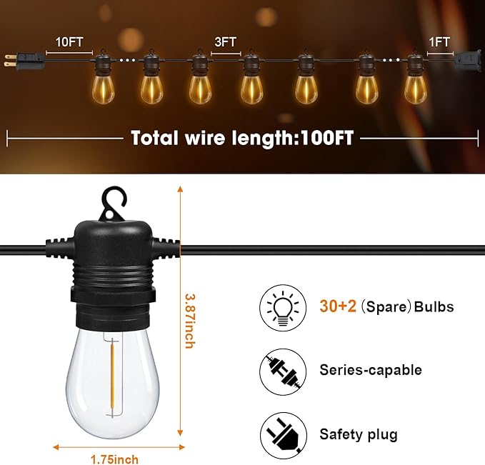 100FT LED Outdoor String Lights, Commercial Grade Patio Lights with 30+2 Shatterproof S14 Edison Vintage Bulb for Outside Backyard Porch Balcony Party Cafe Decor