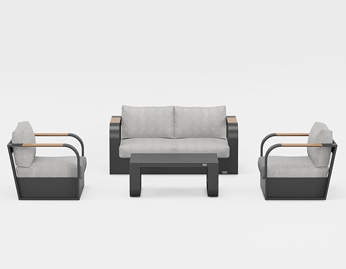 EAST OAK 4-Piece Patio Furniture Set, Modern Outdoor Conversation Set with Aluminum Frame, Deep Seating Loveseat & Coffee Table, All-Weather Patio Sofa Set for Porch, Balcony, Backyard - Dark Grey