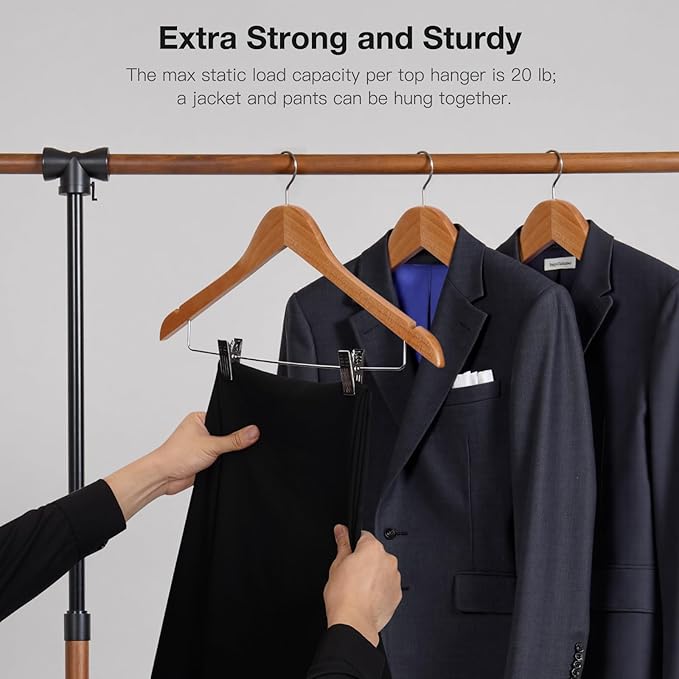 Wooden Hangers with Clips 12 PCS Pants Hangers with Clips,Smooth Solid Wooden Pants Hanger,360 Swivel Hooks & Adjustable Clips,for Jeans,Skirt,Suit,Shorts,Scarf