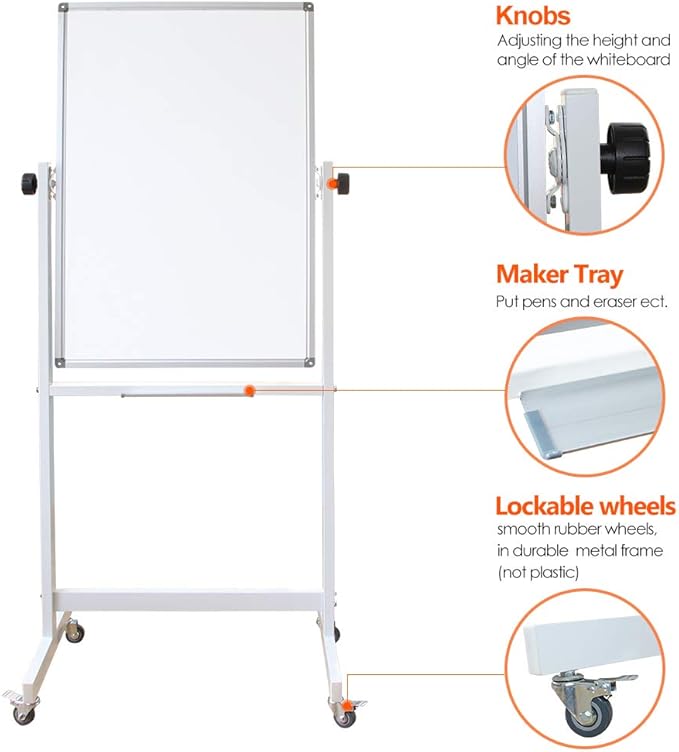 DEVELOP Magnetic Mobile White Board with Stand, 36 x 24 Inches, Rolling Double Sided Dry Erase Board on Wheels, Small Writing Standing Whiteboard Easel Easy Flip for Home, Office & School