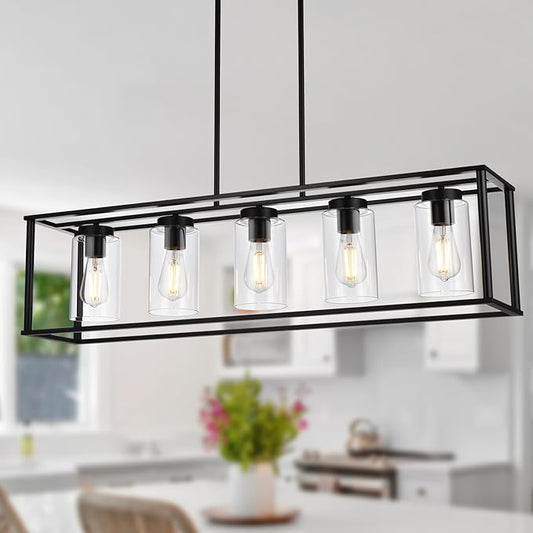 VINLUZ Farmhouse Chandeliers Rectangle Black 5 Light Dining Room Lighting Fixtures Hanging, Kitchen Island Cage Pendant Lights Contemporary Modern Ceiling Light with Glass Shade Adjustable Rods