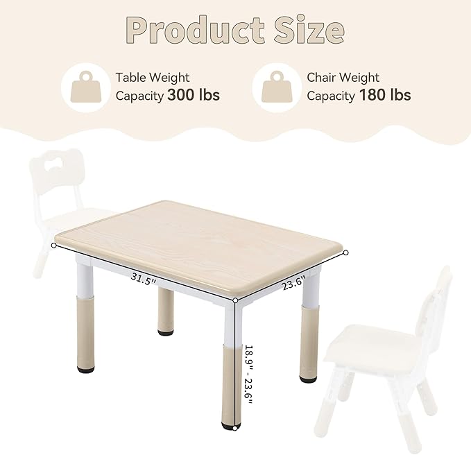 Adjustable Kids Table, Arts and Crafts Child Table with Graffiti Desktop, 7 Level Height Adjustable Children Table for Ages 3-8, Easy to Wipe Toddler Desk for Classrooms/Daycares/Homes