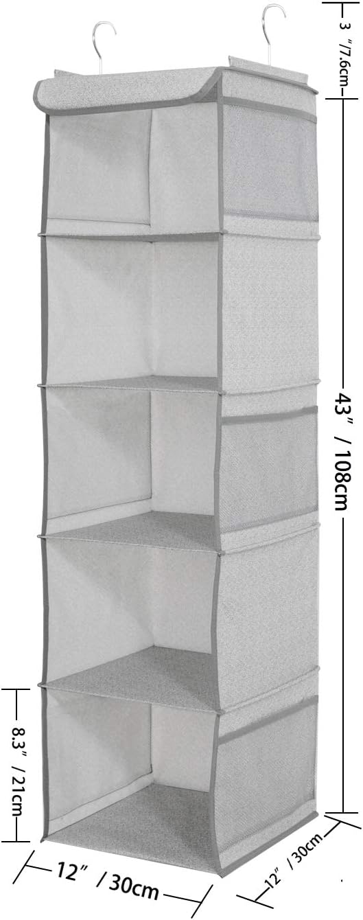 5 Shelves Hanging Closet Organizer, 2 Pack Hanging Storage with 6 Side Pockets for Clothes Bags, 43"x12"x12"(Light Gray)