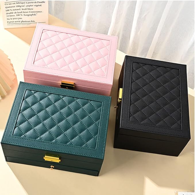 Jewelry Organizer Box for Women - Large PU Leather Jewelry Organizer Storage Case with Two Layers Display for Earrings Bracelets Rings Watches (Pink)