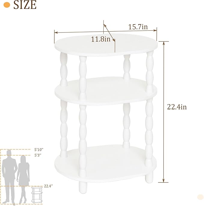 MaxSmeo White Side Table, 3-Tier Small Oval End Table, Modern Night Stand Wood Accent Table for Living Room, Bedroom, White