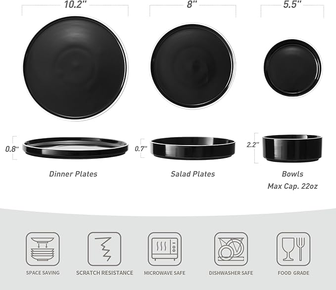 Famiware Nebula Plates and Bowls Sets for 4, 12 Pieces Stoneware Dinnerware Set, Microwave and Dishwasher Safe Dishes Set, Black with White Rim