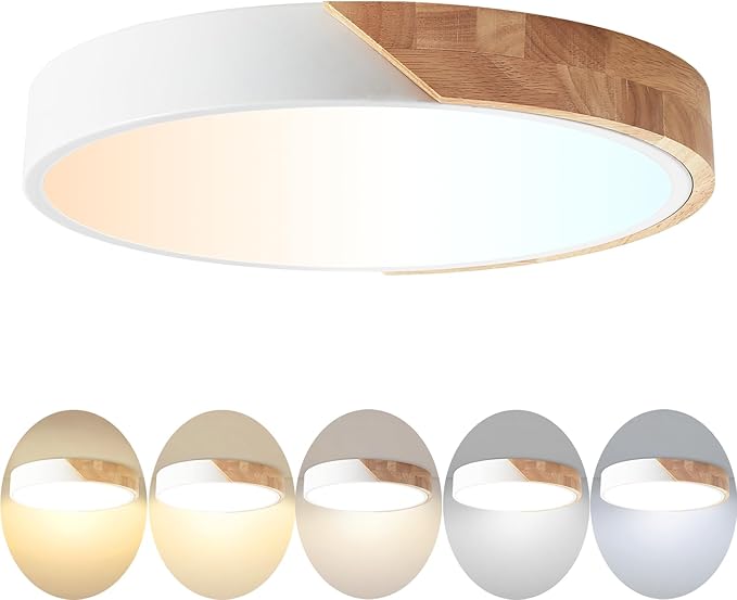 LED Flush Mount Ceiling Light Fixture Wood,16 inch Kitchen Light Fixtures Ceiling Mount 36W, Round Close to Ceiling Light Dimmable 5CCT for Bedroom,Kitchen,Living Room