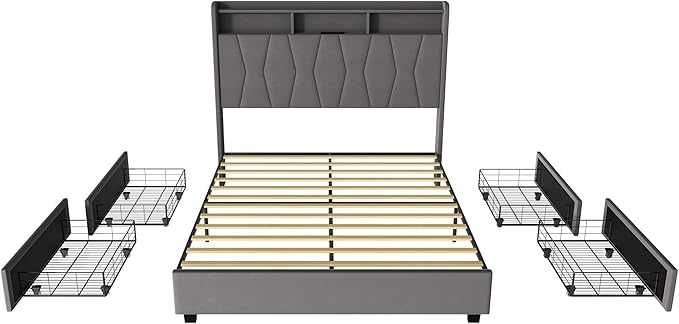 Full Size Bed Frame, Velvet Upholstered LED Platform Bed with Headboard Storage, Bed Frame Full Built-in Charging Station with 4 Drawers, Wood Slat Support, No Box Spring Needed, Grey