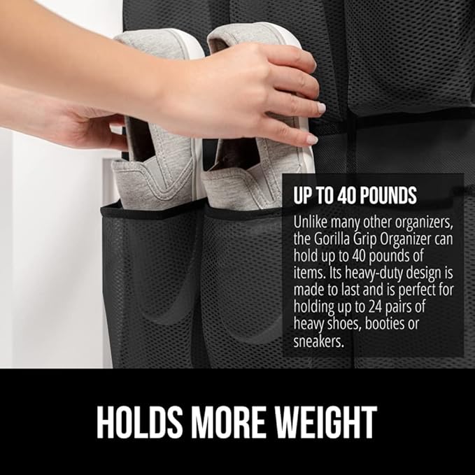 GORILLA GRIP Over the Door Shoe Organizer, 35 Large Breathable Mesh Pockets, Space Saving Hanging Storage Holder, 5 Hook Closet Rack Hanger, Hangs on Closets for Shoes, Accessories 68.5H x 24.5W Black