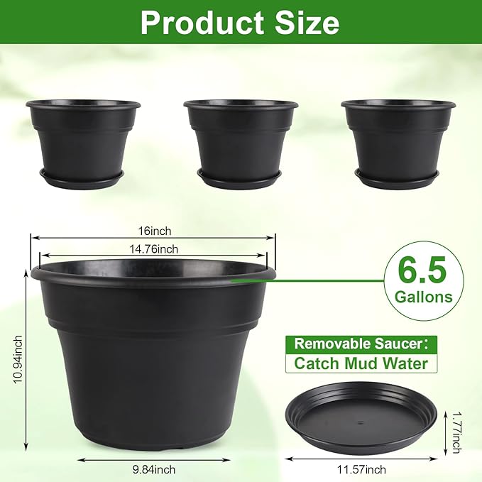 16-inch-Plant-Pots, 4 Pack Large Planters for Outdoor Plants, Plastic Flower Pots Indoor with Drainage Holes & Trays, Classic Garden Pot Container for House