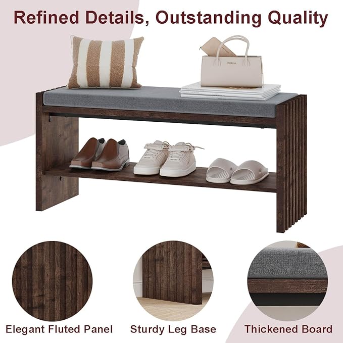 BON AUGURE Entryway Bench with Shoe Storage, 2-Tier Shoe Rack Bench with Cushion, Wood Benches for Bedroom, Living Room, Mudroom, Hall (Rustic Oak, 40 in Wide)