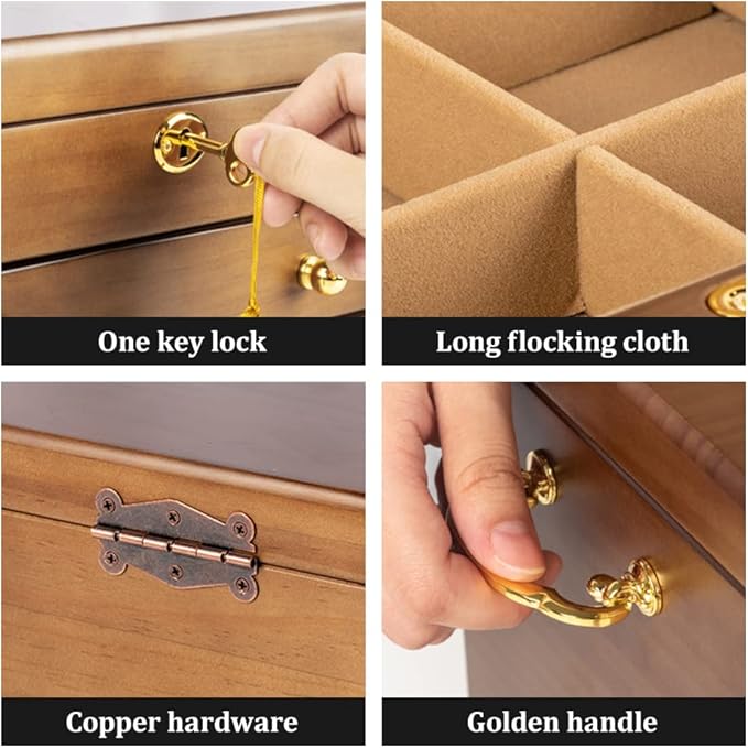 Wooden Jewelry Box for Women, Solid Wood Organizer with Combo Lock for Jewelries, Necklaces, Rings, Vintage Style Storage Box with Mirror (pine wood)