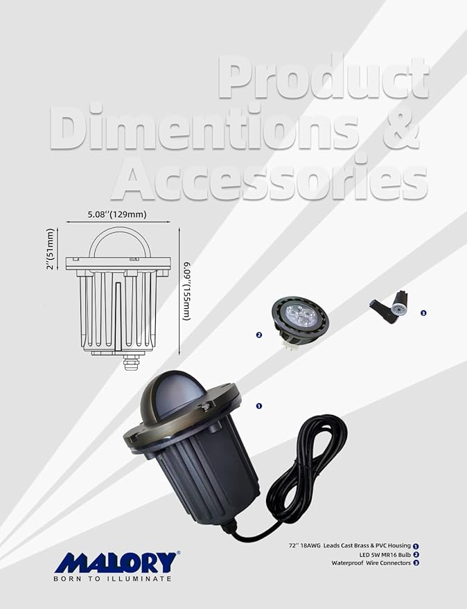 MALORY Brass Top Cover Landscape Well Lights,（6‘’H 12V Low Voltage Outdoor In Ground Lights,Landscape Lighting for Pathway, Driveway and Garden (Beacon Top, 10-Pack Without Bulb)