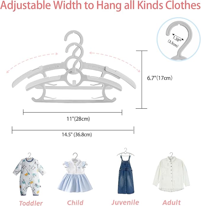 ManGotree Baby Hangers for Nursery Closet, 11''-14.5'' Adjustable Non-Slip Kids Hangers, Space Saving Stackable Plastic Hanger for Baby Toddler Children Kids Teen (10 Pack, Grey)