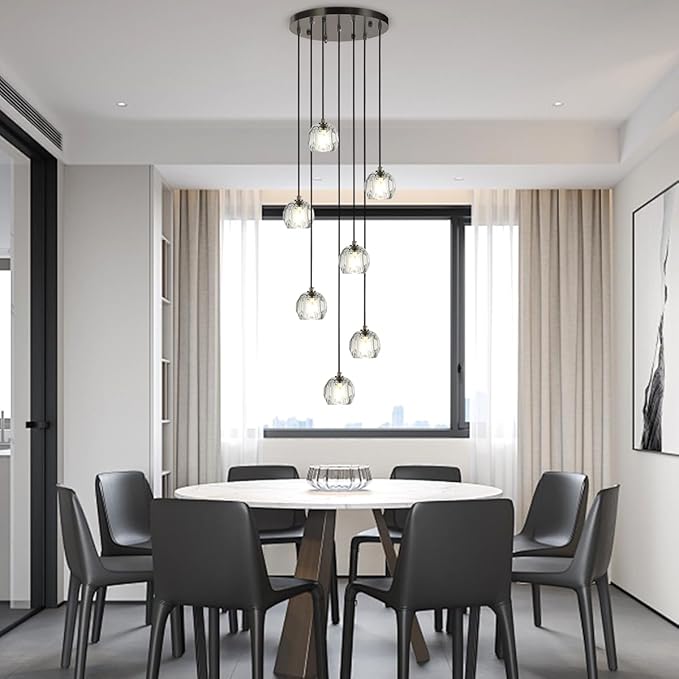 7 Lights Cluster Pendant Light, Brushed Black Modern Crystal Entryway Chandelier, High Ceiling Foyer Pendant Hanging Light Fixture for Staircase Dining Room