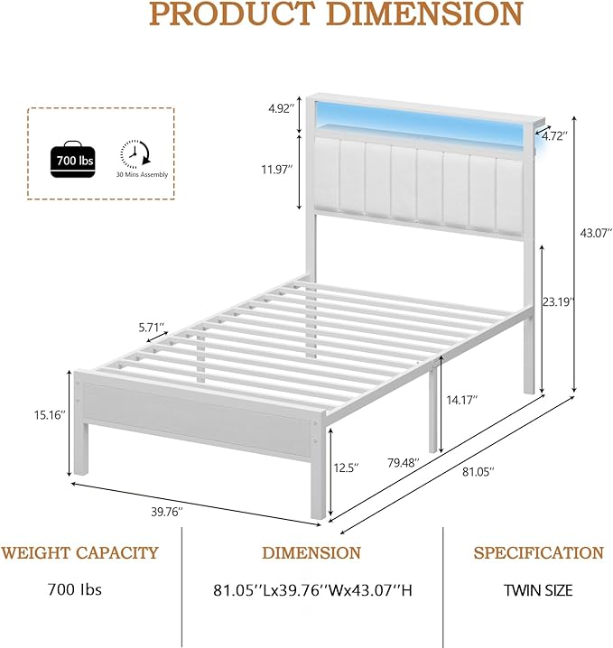 Furnulem Twin Size Bed Frame with Charging Station & LED Lights, Modern Platform Bed with 2-Tier Storage Shelves, White PU Leather Upholstered Headboard, No Box Spring Needed, Metal Slats Support