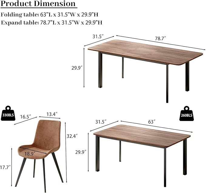 63"- 78.7" Extendable Dining Table Set for 8, Modern Kitchen Table with Dining Chairs for 6-8 Person, Thickened Expandable MDF Wooden Table with Metal Legs for Dining Room, Kitchen, Living Room