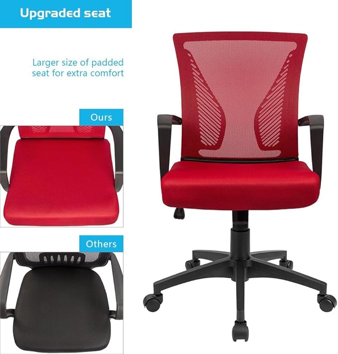 Furmax Office Chair Ergonomic Computer Desk Mesh Chair Mid Back Swivel Lumbar Support with Armrest (2, Red)