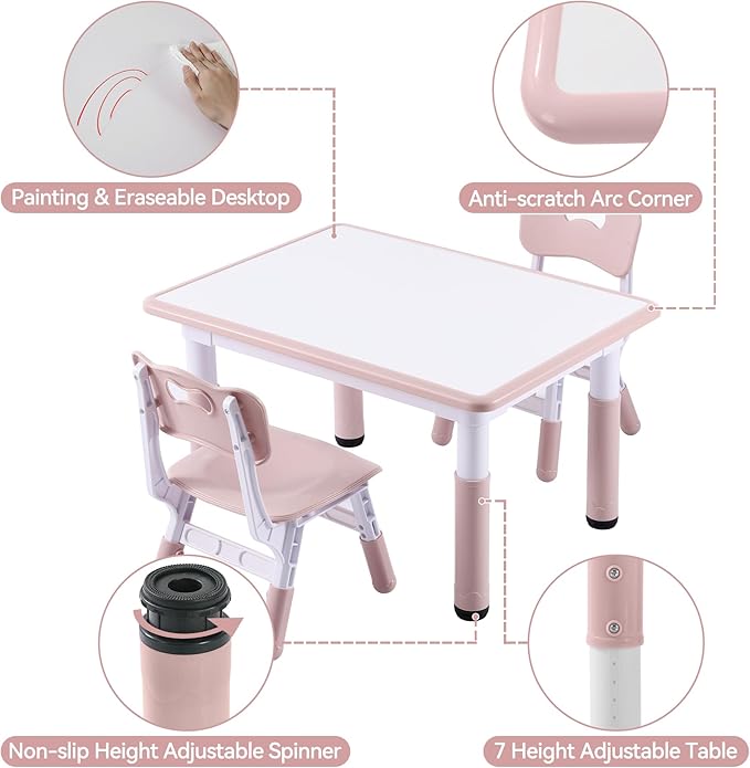 Kids Table and 2 Chairs Set, Height-Adjustable Toddler Table and Chair Set with Graffiti Desktop, 31.5''L x 23.6''W Children Activity Table for Daycare, Classroom, Home
