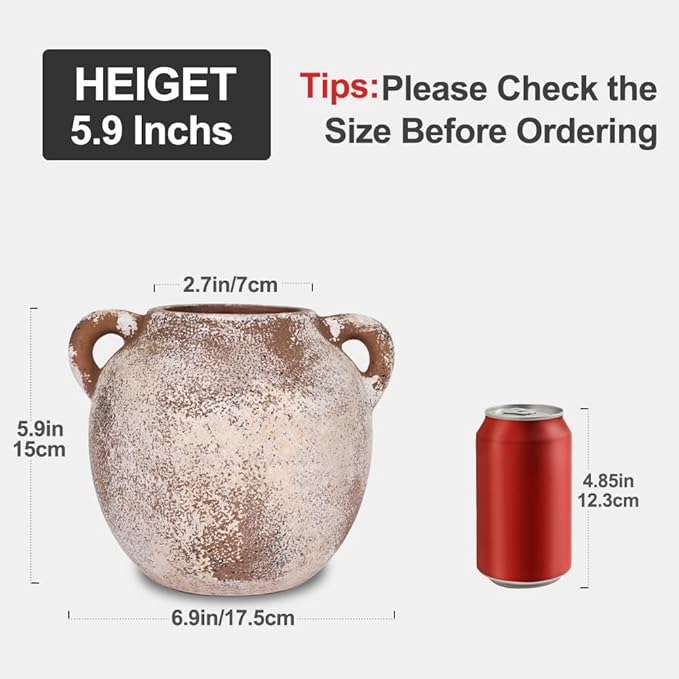 Rustic Farmhouse Ceramic Vase, 6.1" Tall Vintage Pottery Vases, Terracotta Decorative Boho Pampas Flower Vase, Suitable for Home Decor Living Room Entryway Table Bookshelf Mantle Shelf Decor