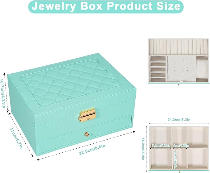 Jewelry Box for Women Girl Wife - Large PU Leather Jewelry Organizer Storage Case with Two Layers Display for Earrings Bracelets Rings Watches (Teal)