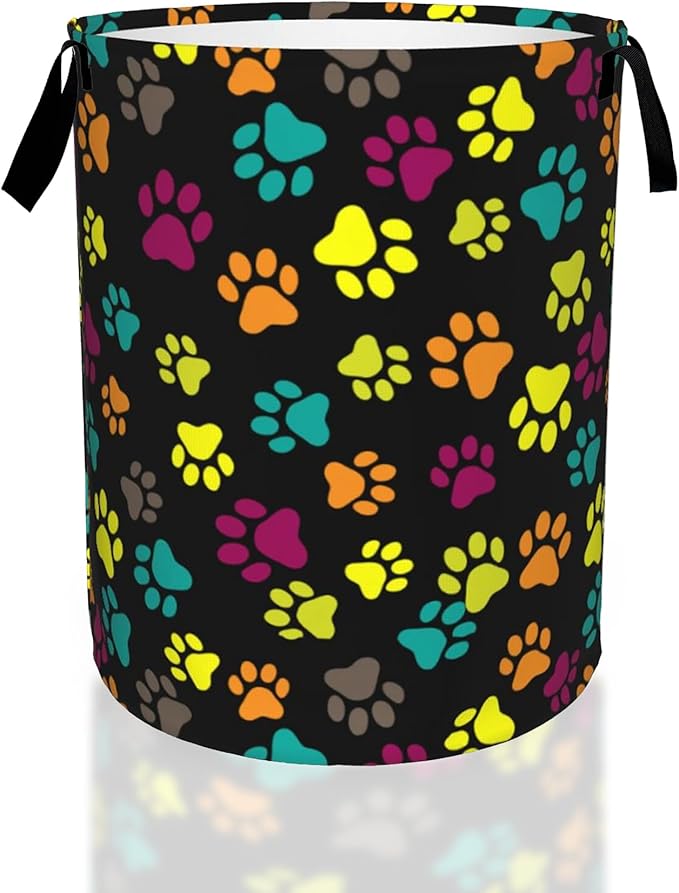 Dog Paw Laundry Basket,Colorful Paws Foldable Laundry Hamper,Dirty Clothes Laundry Basket, Linen Bin Storage Organizer for Toy Collection 16" x 20"