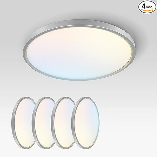 ASD LED 12" Round Flush Mount Ceiling Light Fixture, Low Profile Surface Lighting | 5CCT, Dimmable, Ultra-Thin, ETL Listed | 24W 1900LM 2700-6000K 120V | Kitchen, Hallway Lamp | Nickel, 4 Pack