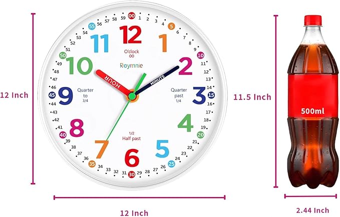 Roymnie12 Inch Wall Clock for Kids Learning to Tell Time Easily Analog Non Ticking Battery Operated Teaching Clock Silent Teaching Time Clock Decorative for Kids Room Classroom School (White Grain)