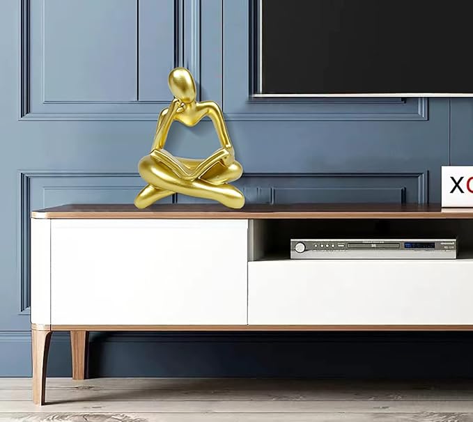 Gold Decor Thinker Statue Reading Women Figurine Abstract Art Sculpture Home Decor Modern Gold Decor Accents Golden Thinker Figurines for Living Room Shelves Bookshelf Office Shelf Desktop
