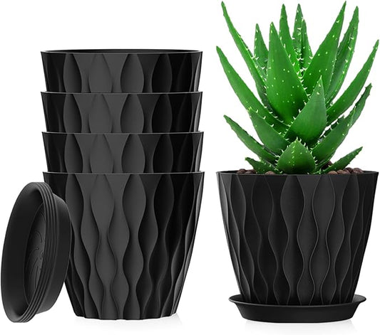 7 Inch Plant Pots Set of 5, Plastic Flower Pots with Drainage Holes and Trays, Planter Pot for Indoor Plants, Decorative Pots for Plants Indoor/Outdoor （Multicolor）